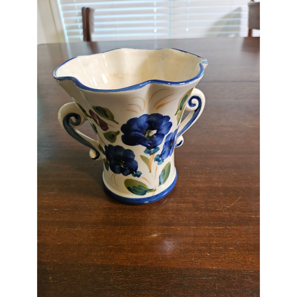 FTD Floral Vase Home Decor Small White Blue Handpainted Portugal Scalloped Rim